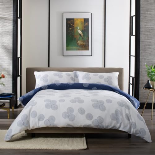 The Lyndon Company Hyogo Luxurious 100% Cotton Double Gauze Duvet Cover Set – Soft, Breathable, Japanese-Inspired Bedding with Modern Blue & White Print – Machine Washable – Multiple [King]