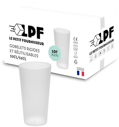 LPF LE PETIT FOURNISSEUR - Lot de 270 Gobelets réutilisables 50cl (56cl à ras-bord) - Polypropylène plastique alimentaire rigide - Gobelets à eau, bière - Compatible lave-vaisselle - Couleur Givré