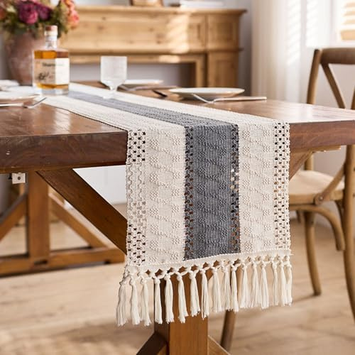 ChangTsing Makramee Tischläufer, Boho Baumwollflachs Tischläufer mit Quasten - rechteckige Häkelspitze Elegante Hohle Mesh Tischdecke (Grau,30cm X 50cm)