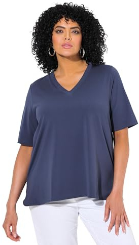 Ulla Popken Damen große Größen Übergrößen Plus Size T-Shirt, Materialmix, A-Linie, V-Ausschnitt, Halbarm Universum 46+ 839020730-46+