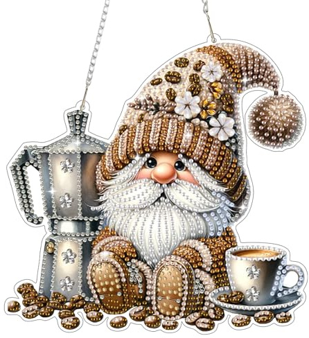 Bowetile Diamond Painting Anhänger Gnom und Kaffee, Gnome Diamond Painting Fensterbilder Erwachsene,Kinder Hängende Ornament Motive Bastelset für Fensterbilder Wand Garten,Decor Geschenk