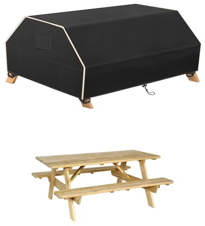 Abdeckung für Picknick Sitzgruppe Holz, Picknicktisch Schutzabdeckung Wetterfest Anti-UV Gartenbank mit Tisch Abdeckung (Schwarz, 190 x 162 x 81cm)