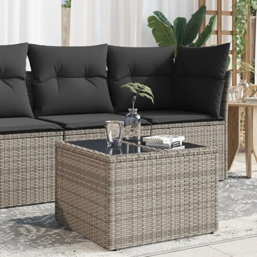 Möbel, Outdoor-Möbel, Outdoor-Tische, Gartentisch mit Glasplatte, grau, 55 x 55 x 37 cm, Polyrattan