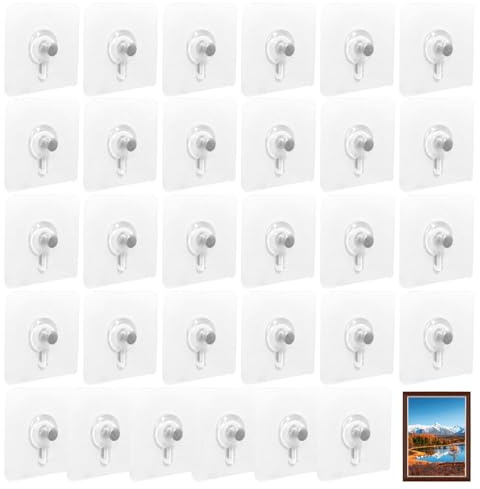 Self Adhesive Hooks No Nails - 15kg Wall Hangers,Transparent Waterproof Sticky Hooks for Hanging Pictures Frames Photos Mirrors & Home Decor - Easy Peel & Stick Installation (Transparent， 30 Pcs)