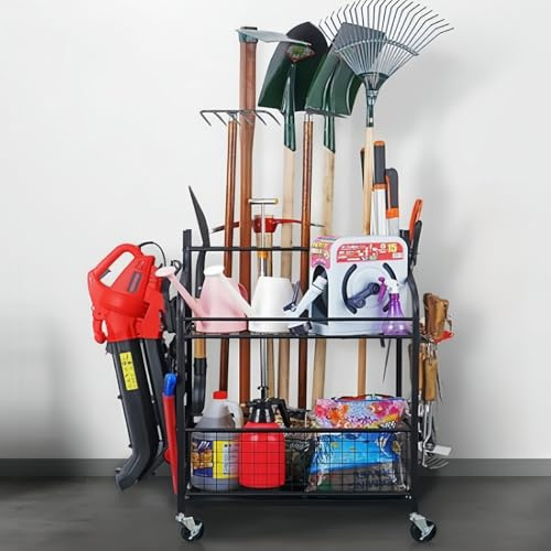 SnamicE Besen- und Mopphalter, Gartengeräte-Organizer für die Garage, schwarzes Gartengeräteregal aus Metall, hält bis zu 13 Gartengeräte mit langem Griff zur Aufbewahrung im H,