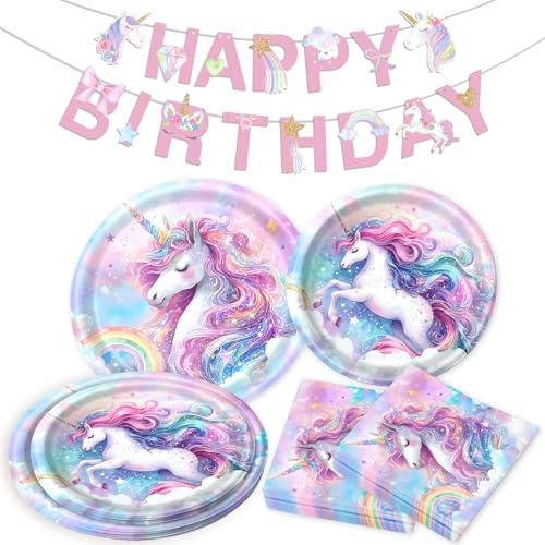 Unicorn Party Birthday Decoration Unicorn Paper Plates Napkins Banner | Rainbow Party Supplies Serves 10 Guests