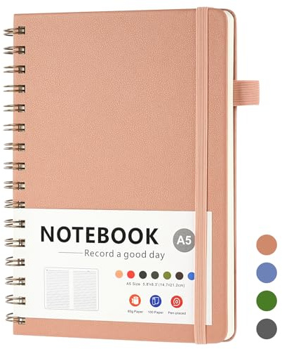 OSDUE Appunti a Spirale, Taccuino aA5 con chiusura a elastico,100 Fogli/200 Pagine,21.5 x 15.6CM,copertina rigida in PVC,con portapenne, tasche espandibili, elastici,per donna uomo
