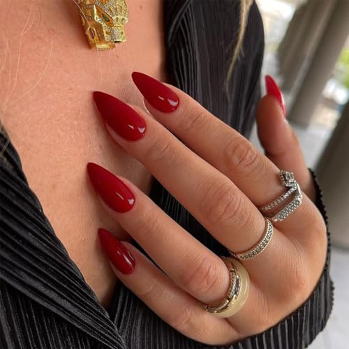 OuryTech Press on Nails Red, 24 Pieces Medium Almond Stiletto Fake Nails, Pure Colour Acrylic Press Ons, Reusable Soft Gel Glue on Nails with Protective UV Coating, for Ladies