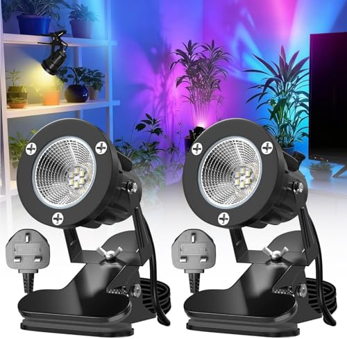 2Pcs RGB LED Clip on Spotlight with Remote Control (Without Battery Plug in Spot Lights Plant Uplighters for Indoor Outdoor IP65, Mains Powered Spot Light, 15RGB Colours + Warm White 1.8m Cord