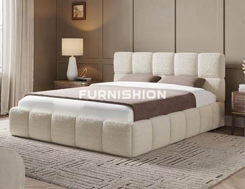 Furnishion Luxury Cloud Teddy Boucle Super King Bed Frame, 6ft Super King Size Bed, Luxury Teddy Boucle Upholstered Design, Strong Wooden Beds Frame 6ft Size with High Headboard in Ivory Boucle