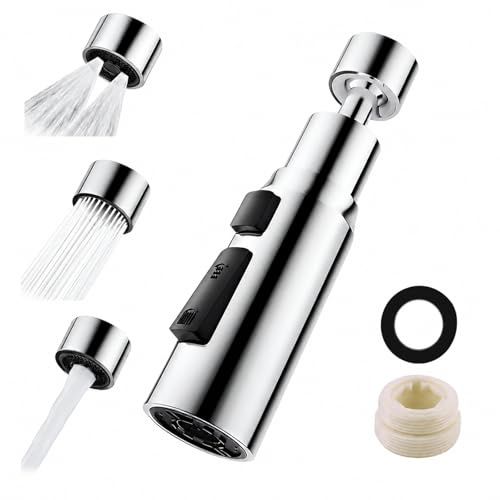 3 Function Kitchen Tap Spray Head,360° Swivel Spout Extender with Adapter Accessories Tap Faucet Attachment Spray Spout Extension Adapter Replacement Faucet Aerator for Kitchen Sink (Silver)