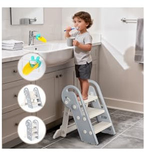 Growaystory 3 Gradini Sgabello Bambini, Antiscivolo Scaletta bambini bagno, Pieghevoli, Regolabile in Altezza, Multifunzione, Compatta e Antiscivolo per Bagno, Cucina, WC e Lavandino (Grigiobianco)