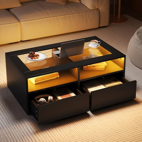 BTM Table Basse 100x50x35 cm LED, 2 Tiroirs Plateau Verre Double Couche, Rangement Ouvert Salon Noir