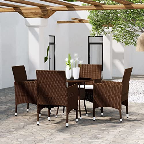 Owoxanthellate Lot de 5 meubles de jardin en polyrotin - Table ronde en verre de 80 cm + 4 chaises avec coussins crème - Marron - Moderne et robuste - Pour balcon, terrasse, jardin