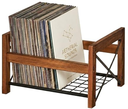 Vinyl Record Storage Crate, Pine Wood LP Holder for 50–100 Records, Brown | Wooden Vinyl Record Holder for 7, 10 & 12 Records, CDs and DVDs, Ideal for Desktop Storage, 1 Pack