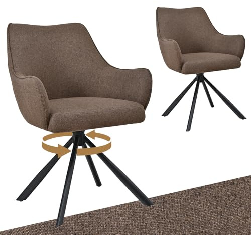 Bon Furni Esszimmerstühle Drehbar 2er Set mit Armlehne, gepolsterte Esszimmerstuhl mit hoher Rückenlehne für Esszimmer & Wohnzimmer, Büro, Braun