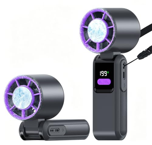 Ventilador Portatil con enfriador de hielo, 3 In 1 ventilador de mano Alta Velocidad ventilador de mano portatil, Hasta 12 Horas, pantalla LED, Ventilador pequeño plegable para Viajes, Oficina, Exter