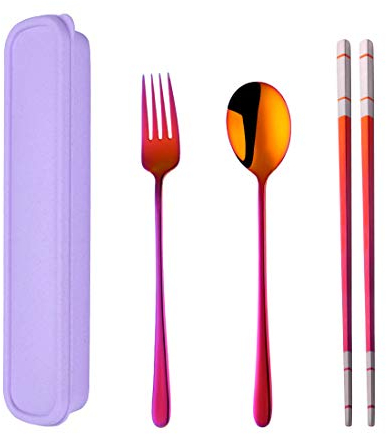 SBOMHS Stainless Steel Portable Travel 3-Piece Cutlery Set with Case Fork Spoon Chopsticks for 1 Camping Flatware for School Picnic Utensils Brown Red