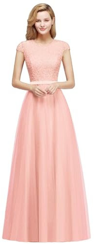 BABYONLINE D.R.E.S.S. Robe de SoiréeDemoiselle d'honneur Femme Longue Cérémonie avec Dentelle Sequins en Tulle Manches Courtes Rose 44