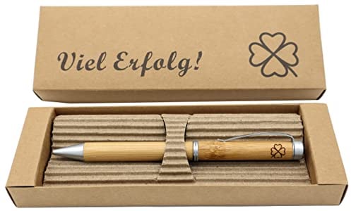 MORWE – Nachhaltiger Kugelschreiber mit Gravur/Kleeblattgravur & Geschenkbox Viel Erfolg/Holzkugelschreiber mit Gravur/Bambus Kugelschreiber/Holzkugelschreiber als Ökologische Geschenke