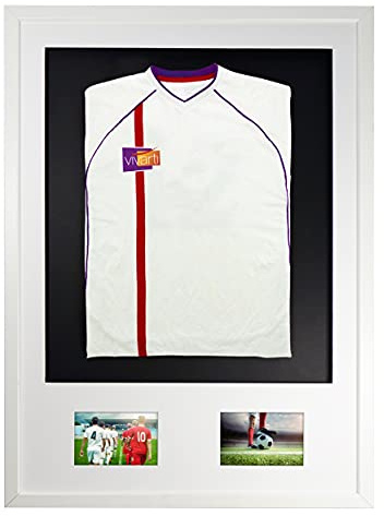 Vivarti DIY Junior 3D Mounted + Double Aperture Sports Display Frame for Football, Rugby, Band T-Shirt Shadow Box - A1 59.4 x 84cm - White Frame, White Mount, Black Backing Card