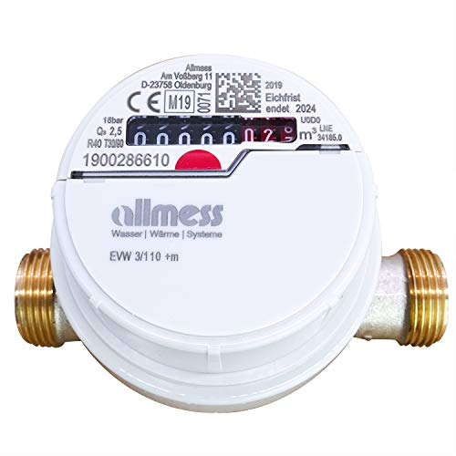 Allmess Warmwasserzähler Einstrahl Nenndurchfluss Qn 1,5, Baulänge 110 mm Eichung 2024 gültig bis 2030 Wasserzähler Warm