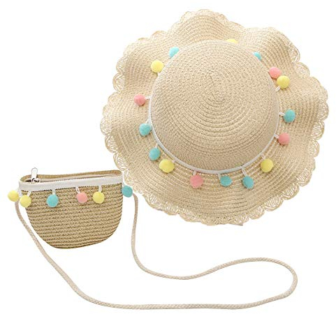 Asudaro Gekräuselter Strohhut und Kleine Tasche Set Mädchen Sommerhut Strandhut mit Farbiger Wollknäuel Dekoration Sonnenhut Schultertaschen Tote Bag Strandtasche für Urlaub Reise Outdoor-Aktivitäten