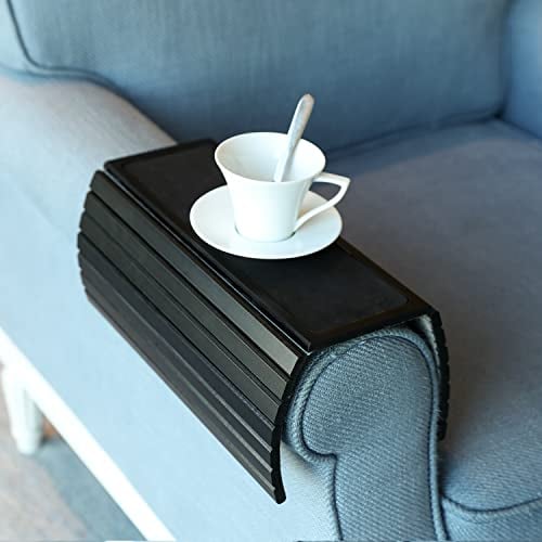 Bamboo Wood Sofa Arm Tray Table - Flexible/Foldable. Perfect for Drinks, Snacks, Remote Control or Phone. (16.5L x 13.25W x 0.4H, Black)