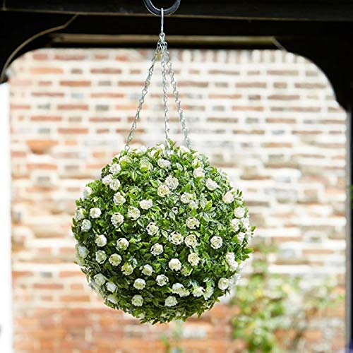 Garden Mile Artificial Topiary Ball Hanging Fake Flowers White Roses Faux Floral Ball with Hanging 3 Way Chain Garden Outdoor Decoration White Artificial Flower Plant