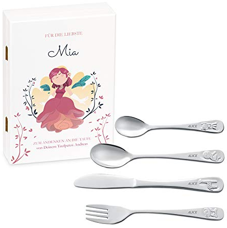Maverton Kinderbesteck Set mit Gravur + Holzbox mit Aufdruck - mit Tieren - aus Edelstahl - Weiß - Geschenk für Mädchen zum Geburtstag zur Taufe Geburt - Prinzessin