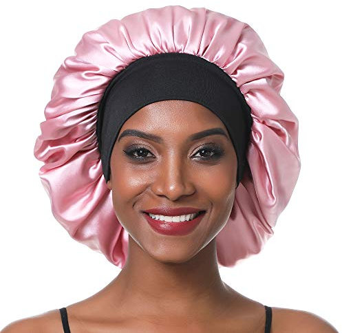 SENGTERM Bonnet de Nuit en Satin élastique à Large bande pour Femme,Cheveux Longs, Cheveux Bouclés (L, Pink)