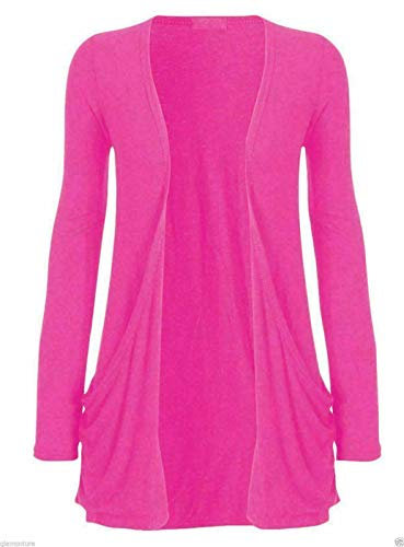 TrendyFashion Cardigan da donna a maniche lunghe con tasca, tinta unita, aperto sul davanti, casual, per feste, Fucsia, 56-58