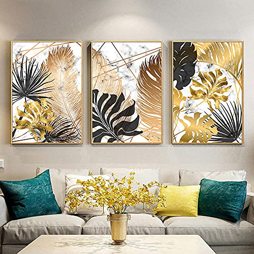 UJVSFG Canvas Quadri 50×70cm 3Pezzi stampe su tela Nordico piante oro foglie Stampa su Tela Canvas Arredamento Arte Moderna Quadri decorativi Casa per Cucina Ufficio Bar Ristorante Intelaiato