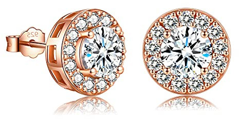 EPIRORA Silver Stud Earrings for Women Girls, Sterling Silver Round Halo Cubic Zirconia Studs, Dainty Bridal Diamond Stud Earrings Jewellery Set for Wedding Anniversary (Rose Gold)
