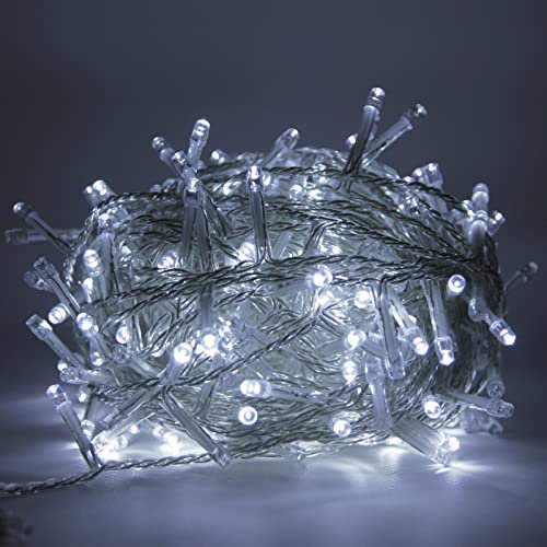 Luccika® serie stringa luminosa di luci 25 Metri con 500 Led Bianco Ghiaccio per albero di Natale da Esterno ed Interno controller con 8 giochi di luce e Memoria cavo trasparente