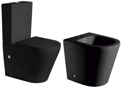 Pack Wc Inodoro NEGRO MATE Completo Redondo Rimless de Fondo Reducido con Cisterna y Tapa Extrafina con Caída Amortiguada + Bidet NEGRO MATE a Suelo de Baño Redondo