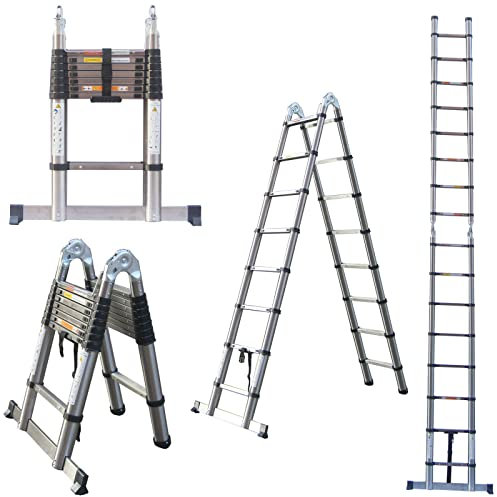 Telescopic Ladder 5M A Frame Stainless Steel Extension Extend Portable Ladder Foldable Ladder Multi Purpose Loft Ladder, 330 pound/150 kg Capacity, EN131 and CE Standards - UK Stock