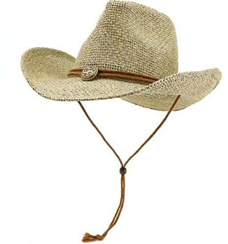 Sombrero De Vaquero De Paja, Sombrero De Playa con Cinturón Trilby Fedora Gorra Ancha Panamá para Mujeres Hombres