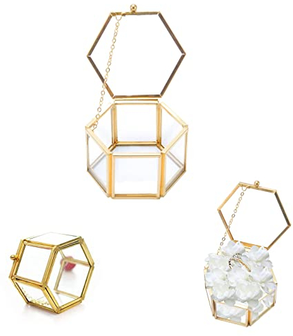 Joyero Geométrico, Cajas Pequeñas y doradas para Joyas de Vidrio, Joyero Decorativo de Cristal para Collares, Anillos, Pulseras
