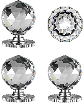 CcHhyyt Selbstklebende Kristallknöpfe für Schrank, 40 mm Durchmesser, Ersatzknopf mit Kleber für Schrank, Spiegel, Schrank, Fenster, Glas, Schiebetür, Schublade, 4 Stück, Mondlicht, Silber…