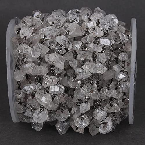 LKBEADS 1 Feet Herkimer Diamond Free Size Beads Rosary Style Beaded Chain - Herkimar Beads Wire Wrapped Oxidized Silver Chai