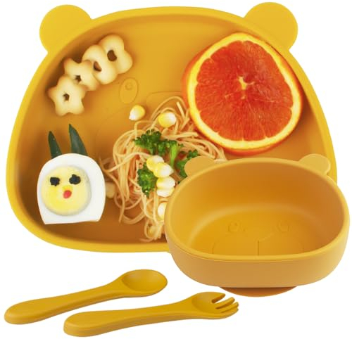 Assiette Bébé Set avec Ventouse Cuillères à Fourchette pour Bébé,Antiderapant Bol à Ventouse, Lot de 4 Silicone Vaisselle Enfant,Set de Repas 100% sans BPA ,Passe Lave Vaisselle et Micro Onde,Jaune