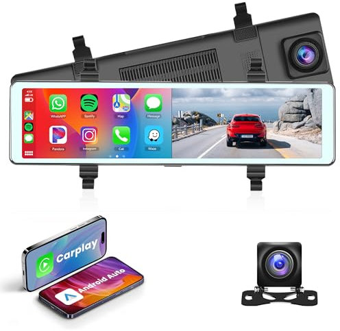 Mirror Dash Cam Wireless Carplay Android Auto, 11.26 Touch Screen Rear View Mirror Backup Camera Front and Rear View Dual Cameras Voice Control Loop Recording FM Transmitter Parking Assistance