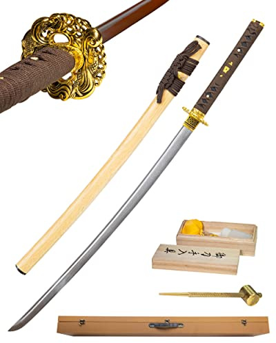 Katana Damast Plus-Wartungskit Plus Schwertständer und Truhe Schwert scharf echt zum Training Metall Damast Stahl 1045 Samurai 100% handgefertigt Nur für Erwachsene - 18 Jahre erforderlich DS076