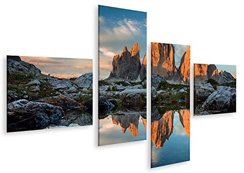 islandburner Bild auf Leinwand TRE Cime Di Lavaredo See Sonnenuntergang Dolomit DREI Zinnen Wandbild Poster Bilder 150x80cm - 4 Teile