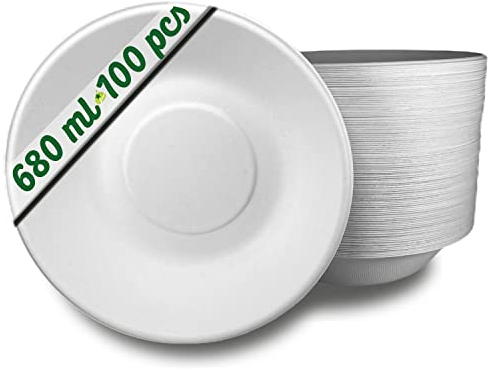 GoBeTree 100 Zuckerrohr Pappschalen 680ml, Einweg Schüsseln, Suppenschalen, Pappschüsseln, Biologisch abbaubare Suppenschüssel Partygeschirr Hochzeit Picknick