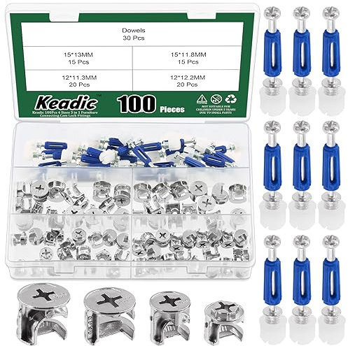 Keadic 100Pcs Eccentric Wheels Cam Locks for Furniture Connecting(4 Sizes),3 in 1 Game Connector Bolt Fittings Fasteners Hardware Parts Nut & Bolt Assortment Sets for Wardrobe Cabinet Drawer Dresser