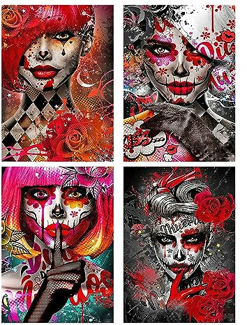 DCIDBEI Diamond Painting Hexen 4er Set Frauen Bunt 30x40 cm | Diamant Painting Bilder Gothic Malen nach Zahlen Skull Frau Schädel Skull Frau Diamond Painting Erwachsene Totenkopf