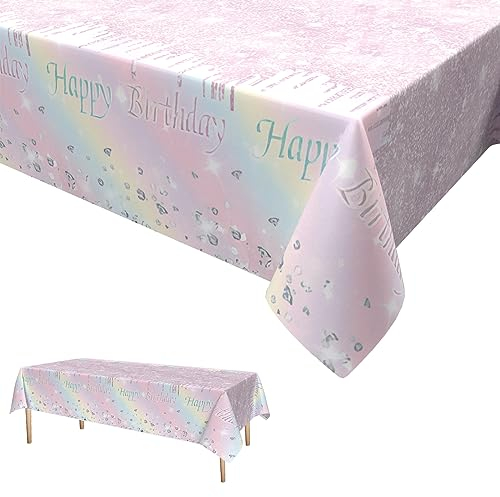 Regenbogen Party Tischdecke,Roségold Tischdecke Wasserdicht Plastik Tischtuch Sterne Diamant Geburtstag Party Tischdecke Dekorationen für Mädchen Frauen Geburtstag Party 137 x 274cm