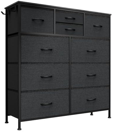 MYHMCT Chest of Drawers, 10-Drawer Fabric Dresser with Wood Top & Metal Frame, Sturdy Storage Organizer for Bedroom, Kids Room, Living Room, Closet - Easy Assembly (Black Grey)